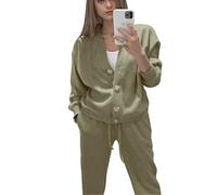 Veriliss Women's Lounge Sets 2 Piece Outfits Knitted Pullover Sweater Tops Cardigan Wide Leg Pants Tracksuit Sweatsuit Set(Green,M)