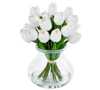 VeriNatural Artificial Tulips in Glass Vase 26cm, White Faux Flowers