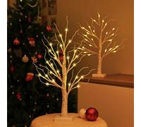 Verinatural Set of 2 Small White Birch Twig Tree with Lights - Pre Lit 60 cm Mini LED Christmas Tree for Table Decorations - Battery Operated Artificial Lighted Tree for Indoor Xmas Home Décor