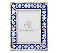 Veritas Commerce Group Handcrafted Mother of Pearl Photo Frame 7 x 5 in Blue and White | Blue Photo Frame | Handmade Wooden Picture Frame Marble Design | Vintage Decor