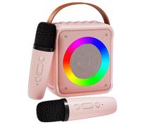 VERKB Mini Karaoke Machine for Kids Adults, Portable Bluetooth Speaker with 2 Wireless Microphones, Microphone Speaker Set with LED Disco Lights for Home Party, Birthday Gifts for Girls Boys Kid(Pink)