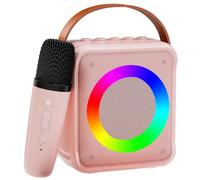 VERKB Mini Karaoke Machine for Kids Adults, Portable Bluetooth Speaker with Wireless Microphones, Microphone Speaker Set with LED Lights for Home Party, Birthday Gifts for Girls Boys Kid(Pink)