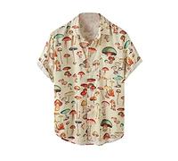 Verliked Men's Casual Shirt,Hawaiian Cute Cartoon Mushroom Print,Summer Turn-Down Collar Shirt,Loose Shirt for Beach,Daily -Khaki M