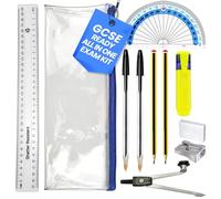 Verlo GCSE Stationery Set with Clear Pencil Case, Maths Set, Exam Kit for Secondary School, Metal Compass, 180 Degree Protractor, 30cm Ruler, HB Pencils, Pens, Highlighter, Eraser and Sharpener