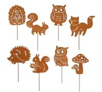 VerLuky 8 Garden Stakes, Autumn Rust with Hedgehog, Owl, Mushroom, Squirrel, Fox, Metal, Autumn Decoration, Outdoor, Indoor, Rust Decoration for Garden, Flower Pot, Balcony, Rusty Garden Decoration