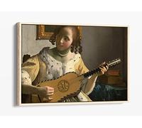 Vermeer The Guitar Player Canvas Floater Frame Print Picture Art - Light Oak Frame 18 inch wide x 12 inch high