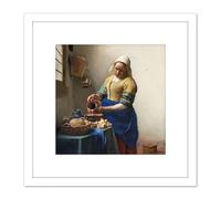 Vermeer The Milkmaid Woman Kitchen Painting 8X8 Inch Square Wooden Framed Wall Art Print Picture with Mount Artery8 White One Size
