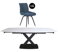 Vernal 4-8 Seater White Sintered Stone Extending Dining Set - 4 Malcom Blue Fabric Swivel Chair