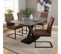 Vernal Dining Set - 4 Seater - 130cm - Grey Sintered Stone - 4 Tira Vintage Brown Faux Leather Cantilever Chair
