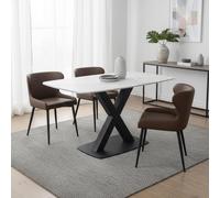 Vernal Dining Set - 4 Seater - 130cm - White Sintered Stone - 4 Langley Brown Faux Leather Chair