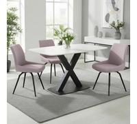 Vernal Dining Set - 4 Seater - 130cm - White Sintered Stone - 4 Malcom Pink Fabric Swivel Chair