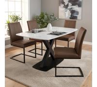 Vernal Dining Set - 4 Seater - 130cm - White Sintered Stone - 4 Tira Vintage Brown Faux Leather Cantilever Chair