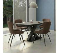 Vernal Extending Dining Set - 4-8 Seater - 140cm-200cm - Grey Sintered Stone - 4 Langley Brown Faux Leather Chair
