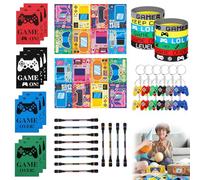 Vernerth Gaming Party Bag Fillers - 64Pcs Video Game Party Favours for Kids, Includes Invisible Ink Pens, Silicone Bracelets, Keychains, Luminous Stickers, Gift Bags, Boys Party Bag Fillers