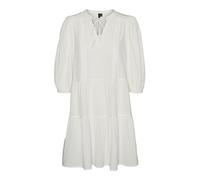 VERO MODA Women Short Crepe Dress with Drawstring Midi Gown 3/4 Sleeve Summer Tunic, Colours:White, Size:S