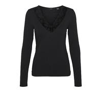 VERO MODA Women's Blouse Slim Fit V-Neck Lace Detail Basic Long Sleeve, Black, L