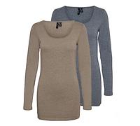 VERO MODA Women's Long-Sleeved Blouse, Pack of 2, Blue/Brown (1 x Ombre Blue Melange / 1 x Walnut Melange), M