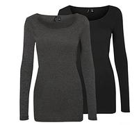 VERO MODA Women's Long-Sleeved Shirt (Pack of 2), Grey/Black (1 x Dark Grey Melange / 1 x Black), S