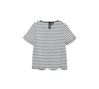 VERO MODA Women's Striped Top Crew Neck Shirt with Zip Fly Design Stretch T-Shirt Top, Snow White/Stripes: Navy Blazer, XS
