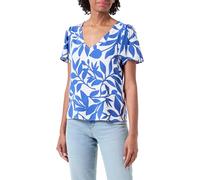 VERO MODA Women's Vmeasy Joy V-Neck SS Blouse WVN Ga Top, Snow White/AOP: Alisa Mazarine Blue, S