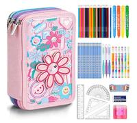 Veroa Pencil Case 3 Compartments - Square, Multi-Layer, Large Capacity Pencil Case 3D Beautiful Flowers Children 3 Compartments - for School, Teenagers, Children, Boys, Girls (Includes School