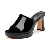 Verocara Women’s Platform Slingback Chunky Heels Shoes Open Square Toe Mid Dress Pumps Sandals for Women Wedding Party Events Black Patent UK5.5