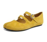Verocara Women's Mary Jane Flats with Double Buckle Strap Almond Toe Comfort Slip on Court Pumps Shoes Yellow Real Leather 7 UK