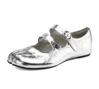 Verocara Women's Mary Jane Flats with Double Buckle Strap Almond Toe Comfort Slip on Court Pumps Shoes Silver Real Leather 7 UK
