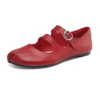 Verocara Women's Mary Jane Flats with Double Buckle Strap Almond Toe Comfort Slip on Court Pumps Shoes Red Real Leather 7.5 UK