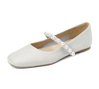 Verocara Women's Mary Jane Flats with Pearl Strap Square Toe Comfort Slip on Court Pumps Shoes for Work White Real Leather 7 UK