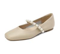 Verocara Women's Mary Jane Flats with Pearl Strap Square Toe Comfort Slip on Court Pumps Shoes for Work Beige Real Leather 6 UK