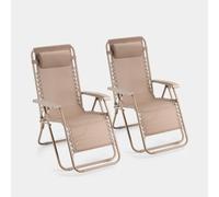 Set of 2 Textilene Folding Garden Sun Lounger Zero Gravity Chairs VonHaus Taupe 2 Pack