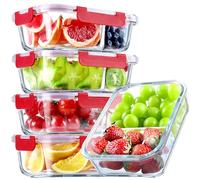VERONES 5 Pack Glass Meal Prep Containers 2 Compartment Set, 36OZ Airtight Glass Lunch Containers, Glass Food Storage Containers with Lids, for Microwave, Oven, Freezer & Dishwasher Friendly,Red
