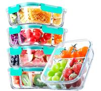 VERONES 5 Pack Glass Meal Prep Containers 3 Compartment Set, 36OZ Airtight Glass Lunch Containers, Glass Food Storage Containers with Lids, for Microwave, Oven, Freezer & Dishwasher Friendly,Green