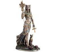 Veronese Design 10 3/4 Inch Egyptian Goddess Bastet Holding Sistrum Instrument and Ankh Cross with Cat Cold Cast Resin Statue Bronze Finish Sculpture