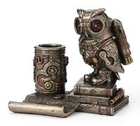 Veronese Design 5 1/4 Inch Steampunk Owl Cell Phone Holder Pen Holder Resin Sculpture Bronze Finish Statue Desk Stand Home Decor Aviation Bird Animal Gift
