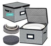 VERONLY (2 Pack) Dinner Plate Storage Box with Lid- Hard Shell Dish Case with Handle, Metal Zipper, Anti-friction Felt Pads，China Storage Container for Home 30.5x30.5 cm(Dark Grey)