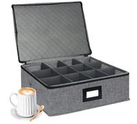 VERONLY Cup and Mug Storage Box with Dividers, China Storage Containers Holds 12 Coffee Mugs and Tea Cups with Lid and Handles, Hard Top, Sides and Stackable for Moving & Packing (Dark Grey)