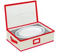 VERONLY Fish Plate Storage Box with Lid- Fish Platter Case, Hard Shell Fish Dish container with Sturdy Metal Zipper, Reinforced Handle, and Clear Label Window for Holiday. 41x32x13cm(Beige&Red)