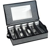 VERONLY Flatware Utensil Storage Case, Silverware Box With Dividers, 5 Compartment Cutlery Holder With Removable Lid, Handles for Knives (Light Gray)