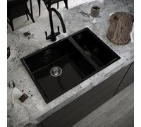 Verossi | 1.5 Bowl Comite Kitchen Sink | Inset or Undermounted | Chrome Strainer Wastes Supplied | 670x440x206mm | Gloss Black