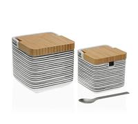 Versa Black Lines Salero and Sugar and Bamboo with Wooden Lid and Metal Spoon, Measures (@ L x A) 11.2 x 11.7 x 11.8 cm, Ceramic and Wood, Black Color and White