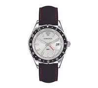Versace Hellenyium GMT Men's Watch Black Leather Silver Stainless Steel Case 42 mm V1107 0017, Strap.
