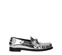 Versace Men's Leather Loafers with Front Logo and Metallic Effect - Gray - 37 EU