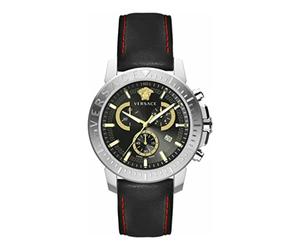 Versace VE2E00121 Men's Analogue Quartz Watch with Leather Strap, Black, Fashion