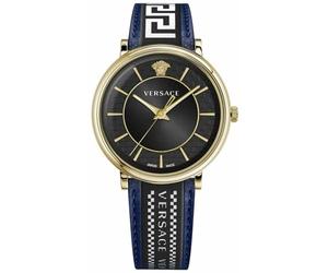 Versace VE5A01521 Men's Quartz Watch Fashion Blue Leather Strap Stainless Steel Case Analogue Display Black