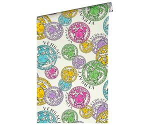 Versace Wallpaper Colourful White Pink Blue Luxury Designer Non-Woven Wallpaper Logo Medusa 386101 10.05 x 0.70 m Made in Germany