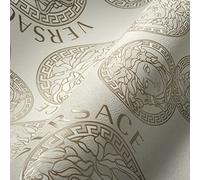 Versace Wallpaper White Pearl Beige Luxury Designer Non-Woven Wallpaper Logo Medusa 386103 10.05 x 0.70 m Made in Germany