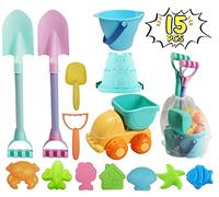 VERSAINSECT Sand Toy Set with Mesh Bag, Including Dump Truck, Beach Buckets, Shovels, Rakes, Shapes, Outdoor Beach Toys Tool Kit for Kids, Toddlers, Boys and Girls (15 Pieces), Age 3+