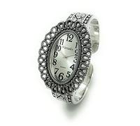VERSALES Ladies Large Oval Case Elegant Vintage Style Decorated Metal Bangle Cuff Fashion Analog Quartz Watch Silver Dial with Large Black Numbers Varsales, Silver, Modern